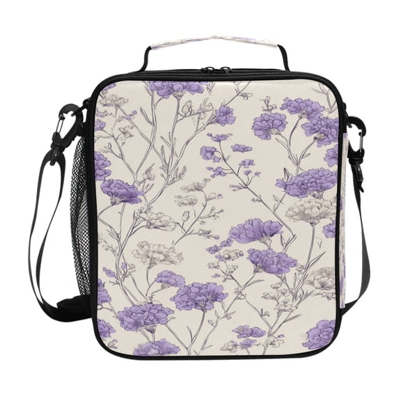 10.5X9.5in Square Insulated Lunch Bag Leak-proof Lunch Box for Outdoor Work Picnic Lavender and Cream Flowers
