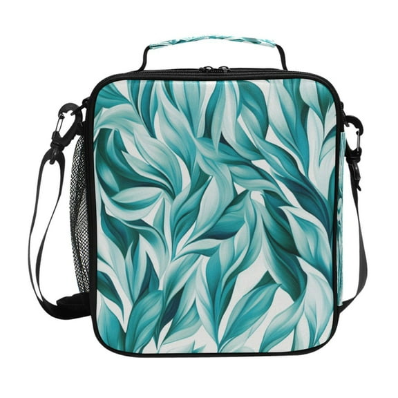 10.5X9.5in Square Insulated Lunch Bag Leak-proof Lunch Box for Outdoor Work Picnic Light Green Leaves