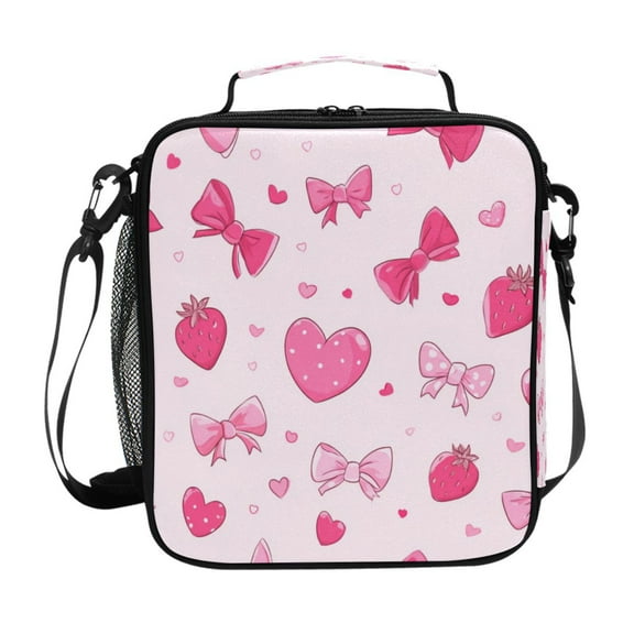 10.5X9.5in Square Insulated Lunch Bag Leak-proof Lunch Box for Outdoor Work Picnic Love Bow and Strawberries
