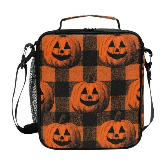 10.5X9.5in Square Insulated Lunch Bag Leak-proof Lunch Box for Outdoor Work Picnic Orange Striped Smiley Pumpkins