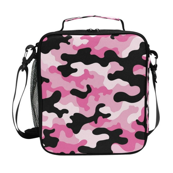 10.5X9.5in Square Insulated Lunch Bag Leak-proof Lunch Box for Outdoor Work Picnic Pink and Black Camouflage Pattern