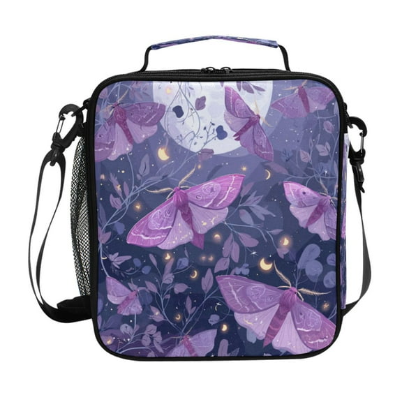 10.5X9.5in Square Insulated Lunch Bag Leak-proof Lunch Box for Outdoor Work Picnic Purple Lilac Moths