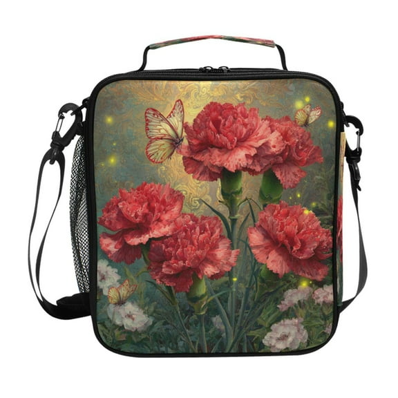 10.5X9.5in Square Insulated Lunch Bag Leak-proof Lunch Box for Outdoor Work Picnic Red Carnations and Butterflies