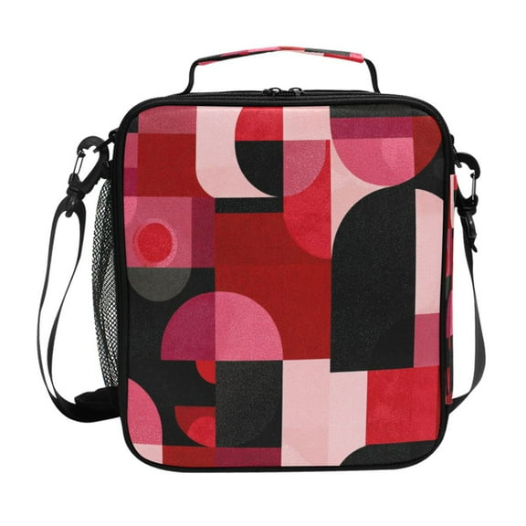 10.5X9.5in Square Insulated Lunch Bag Leak-proof Lunch Box for Outdoor Work Picnic Red and Black Record Pattern