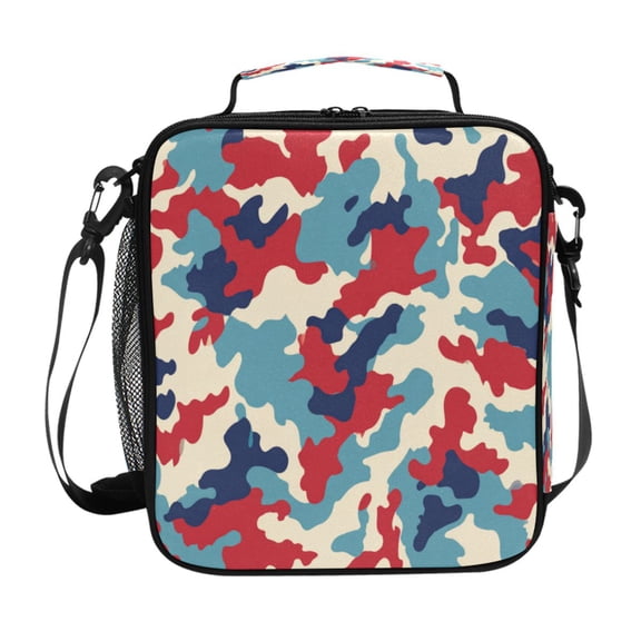 10.5X9.5in Square Insulated Lunch Bag Leak-proof Lunch Box for Outdoor Work Picnic Red and Blue Camouflage