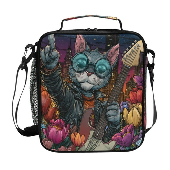 10.5X9.5in Square Insulated Lunch Bag Leak-proof Lunch Box for Outdoor Work Picnic Rockstar Cat