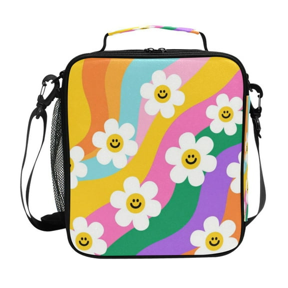 10.5X9.5in Square Insulated Lunch Bag Leak-proof Lunch Box for Outdoor Work Picnic Smiley Daisy on Rainbow Background
