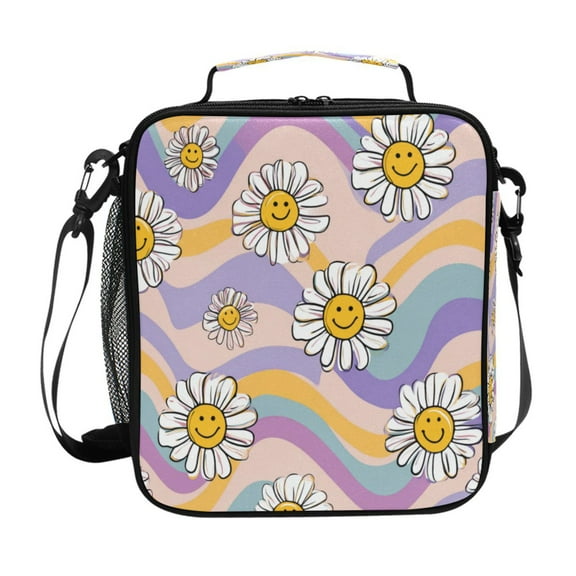 10.5X9.5in Square Insulated Lunch Bag Leak-proof Lunch Box for Outdoor Work Picnic Smiley Faces