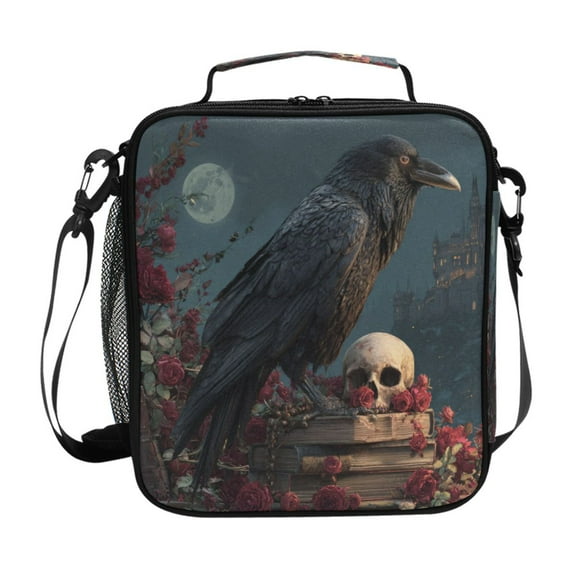 10.5X9.5in Square Insulated Lunch Bag Leak-proof Lunch Box for Outdoor Work Picnic The Night Black Raven