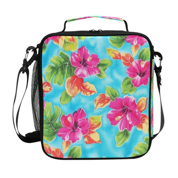 10.5X9.5in Square Insulated Lunch Bag Leak-proof Lunch Box for Outdoor Work Picnic Tropical Bright Flowers