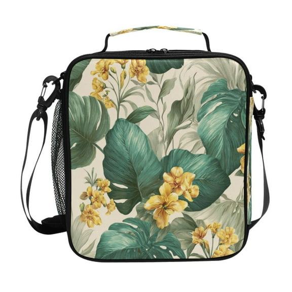10.5X9.5in Square Insulated Lunch Bag Leak-proof Lunch Box for Outdoor Work Picnic Tropical Plants and Flowers