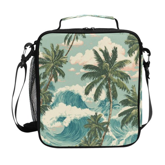 10.5X9.5in Square Insulated Lunch Bag Leak-proof Lunch Box for Outdoor Work Picnic Tropical Trees by The Sea