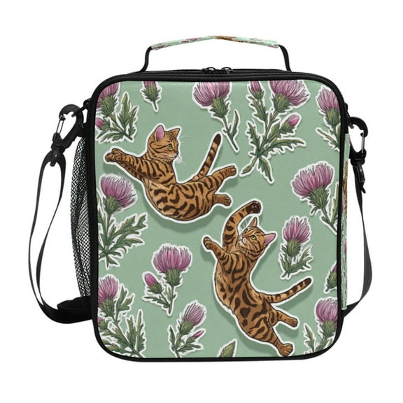 10.5X9.5in Square Insulated Lunch Bag Leak-proof Lunch Box for Outdoor Work Picnic Two Scuffling Tabby Cats