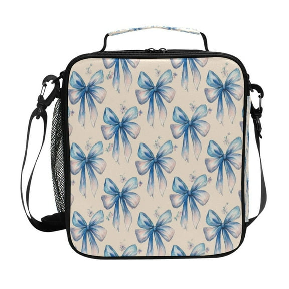 10.5X9.5in Square Insulated Lunch Bag Leak-proof Lunch Box for Outdoor Work Picnic Watercolor Blue Bows