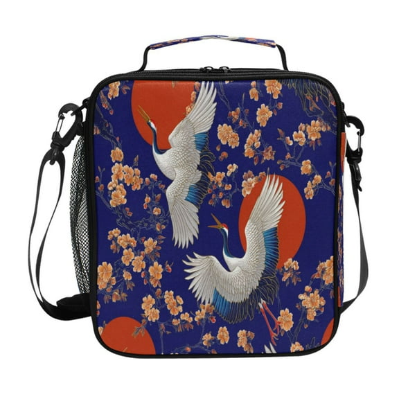 10.5X9.5in Square Insulated Lunch Bag Leak-proof Lunch Box for Outdoor Work Picnic White Cranes Orange Suns