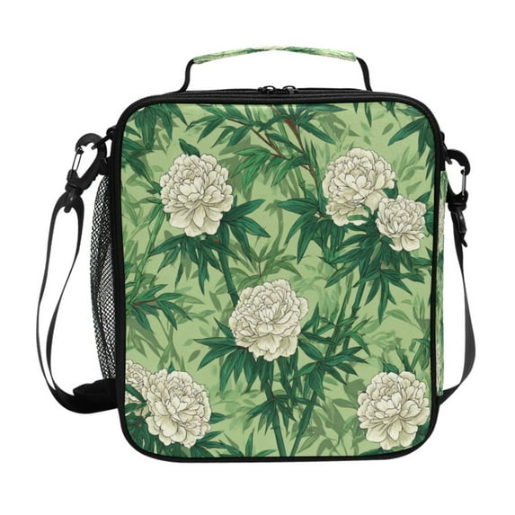10.5X9.5in Square Insulated Lunch Bag Leak-proof Lunch Box for Outdoor Work Picnic White Peony and Bamboo