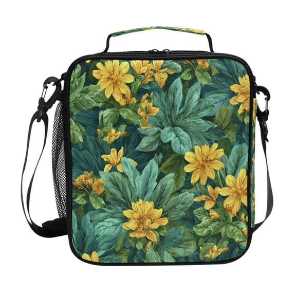 10.5X9.5in Square Insulated Lunch Bag Leak-proof Lunch Box for Outdoor Work Picnic Yellow Chrysanthemum