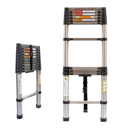 10.5ft Extension Ladder Multi-Purpose Stainless Steel Heavy Duty Strong Folding Telescoping Ladder, 330lbs Load Capacity, Non-Slip Rubber Feet Safety Locking Mechanism, Easy to Store or Transport