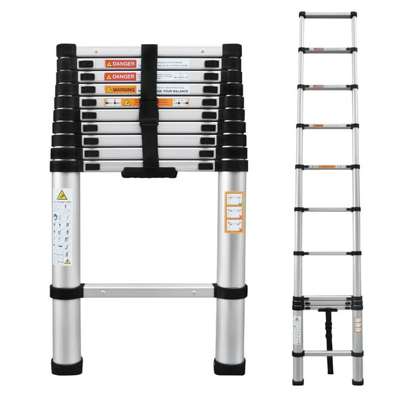 10.5ft Telescoping Ladder Aluminum Extension Ladder Heavy Duty Portable Ladder, 330lbs Load Capacity, 2.6ft Folded Height, with Anti-Slip Rubber Feet Safety Lock Mechanism, for Home, Outdoor