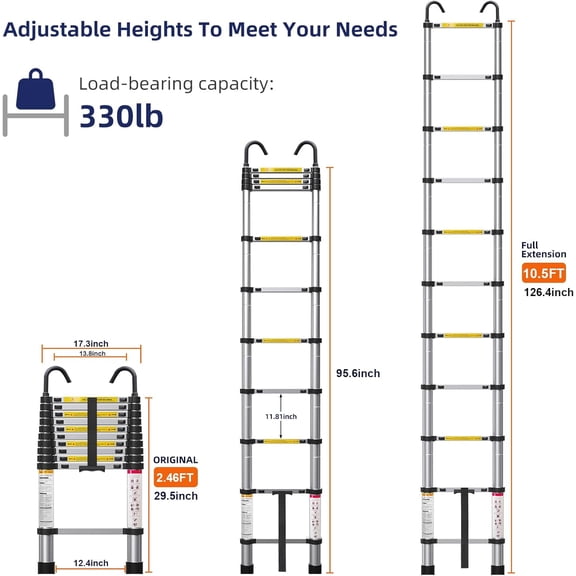 10.5ft Telescoping Ladder, Multi-Purpose Collapsible Ladder with Hook