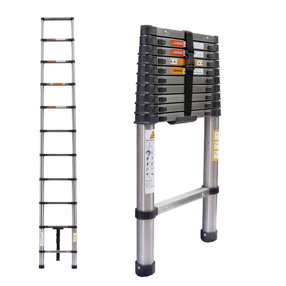 10.5ft Telescoping Ladder Stainless Steel Heavy Duty Folding Home RV Roof Ladder, 330lbs Load Capacity, Portable Ladder with Anti-Slip Rubber Feet and Safety Locking Mechanism, EN131 Certificated