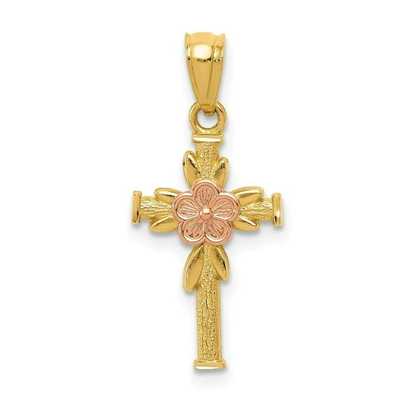 10.5mm 14k Yellow and Rose Polished Sparkle-Cut Cross With Flower Pendant - .6 Grams