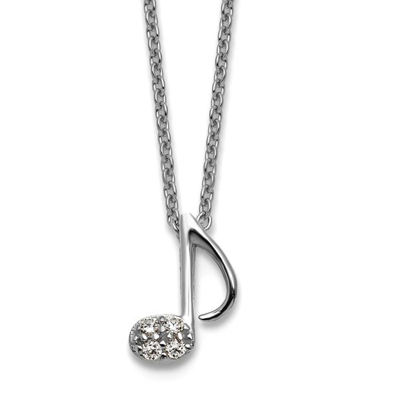 10.5mm Ss Rhodium Plated Cubic Zirconia Music Note With 2in Extension Necklace 16 Inch Pendant Necklace for Women