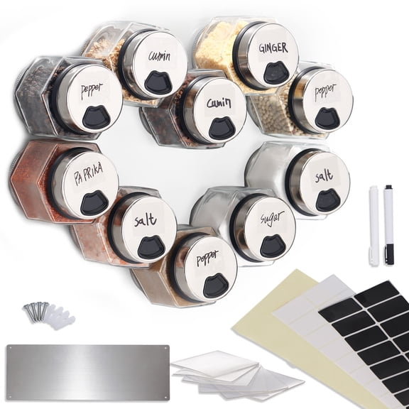 10 5oz Glass Hexagonal Magnetic Spice Jars with Shaker Lids, Refrigerator and Wall Mount Organizer