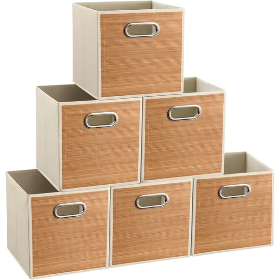 10.5x10.5in Bamboo Storage Cubes Baskets, 6-Pack Foldable Handwoven Strip Wicker Basket, Cube Bins for Organization, Closet, Shelves, Home, Offices