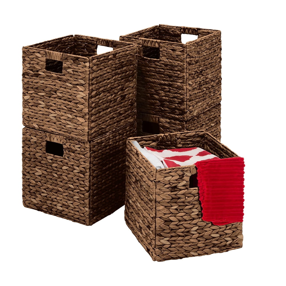 Espresso Handwoven Hyacinth Storage Baskets with Cut-out Handles, Set of 5