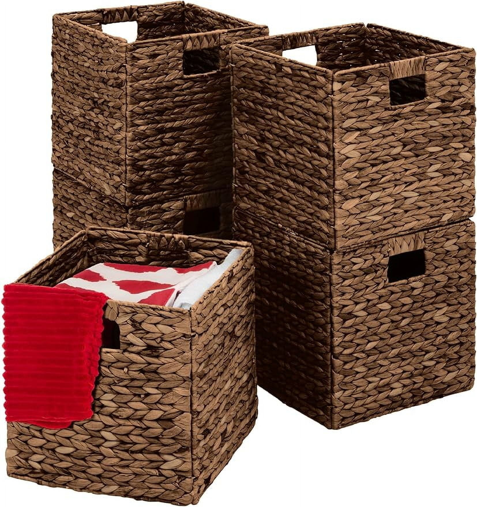 Espresso Handwoven Hyacinth Storage Baskets with Cut-out Handles, Set of 5