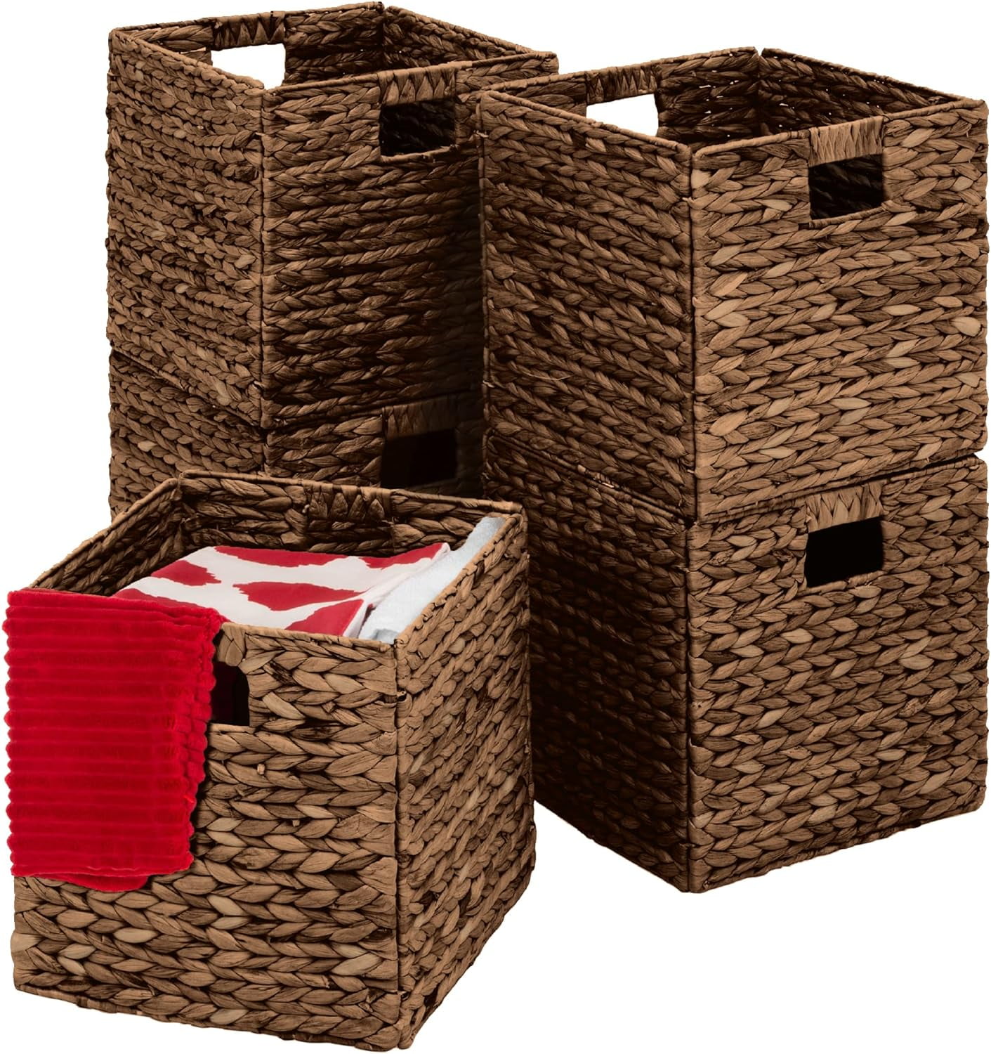 Espresso Handwoven Hyacinth Storage Baskets with Cut-out Handles, Set of 5