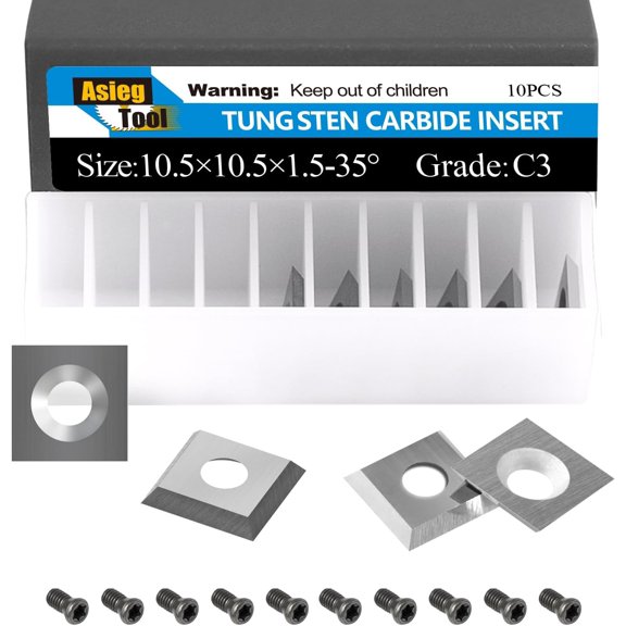 10.5x10.5x1.5mm Square Tungsten Carbide Cutter Inserts Knives Replacement Blades with Screws for Woodworking Fits Spiral Helical Planer Cutter Head or lathe Turning Tipped 10pcs