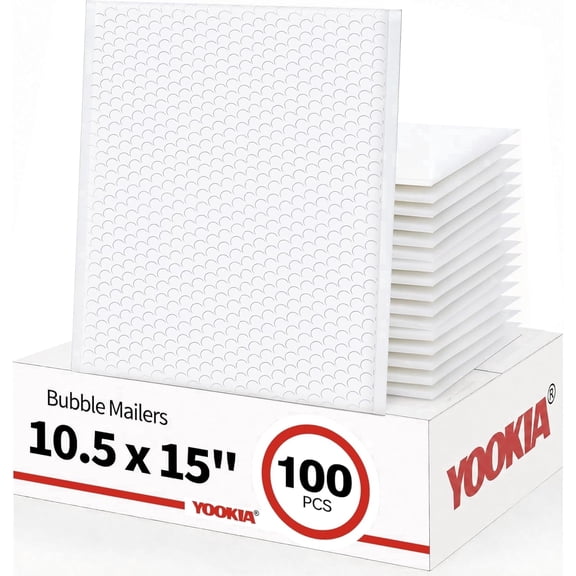 YOOKIA 10.5" x 15" Large Bubble Mailers 100PCS, Self Seal Waterproof Shipping Bags, Padded Envelopes, Large Bubble Envelopes for Mailing, Packaging, E-commerce Shippi, Small Business-White