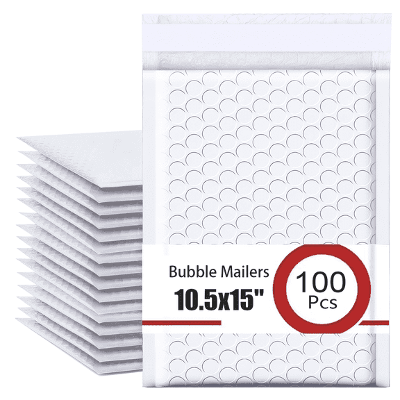 10.5x15 Inch Large Bubble Mailers 100Pcs, Self Seal Waterproof Shipping Bags, Padded Mailers, Large Bubble Mailing Envelopes for Mailing, Packaging, E-commerce, Small Business-White