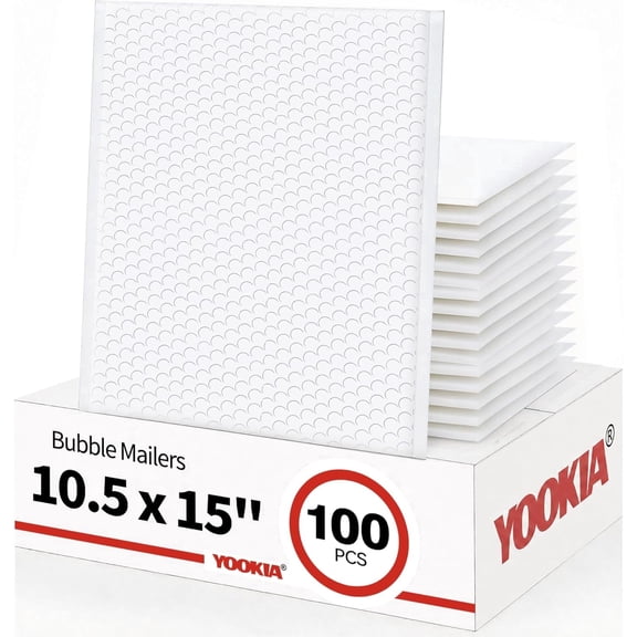 YOOKIA 10.5" x 15" Large Bubble Mailers 100PCS, Self Seal Waterproof Shipping Bags, Padded Envelopes, Large Bubble Envelopes for Mailing, Packaging, E-commerce Shippi, Small Business-White