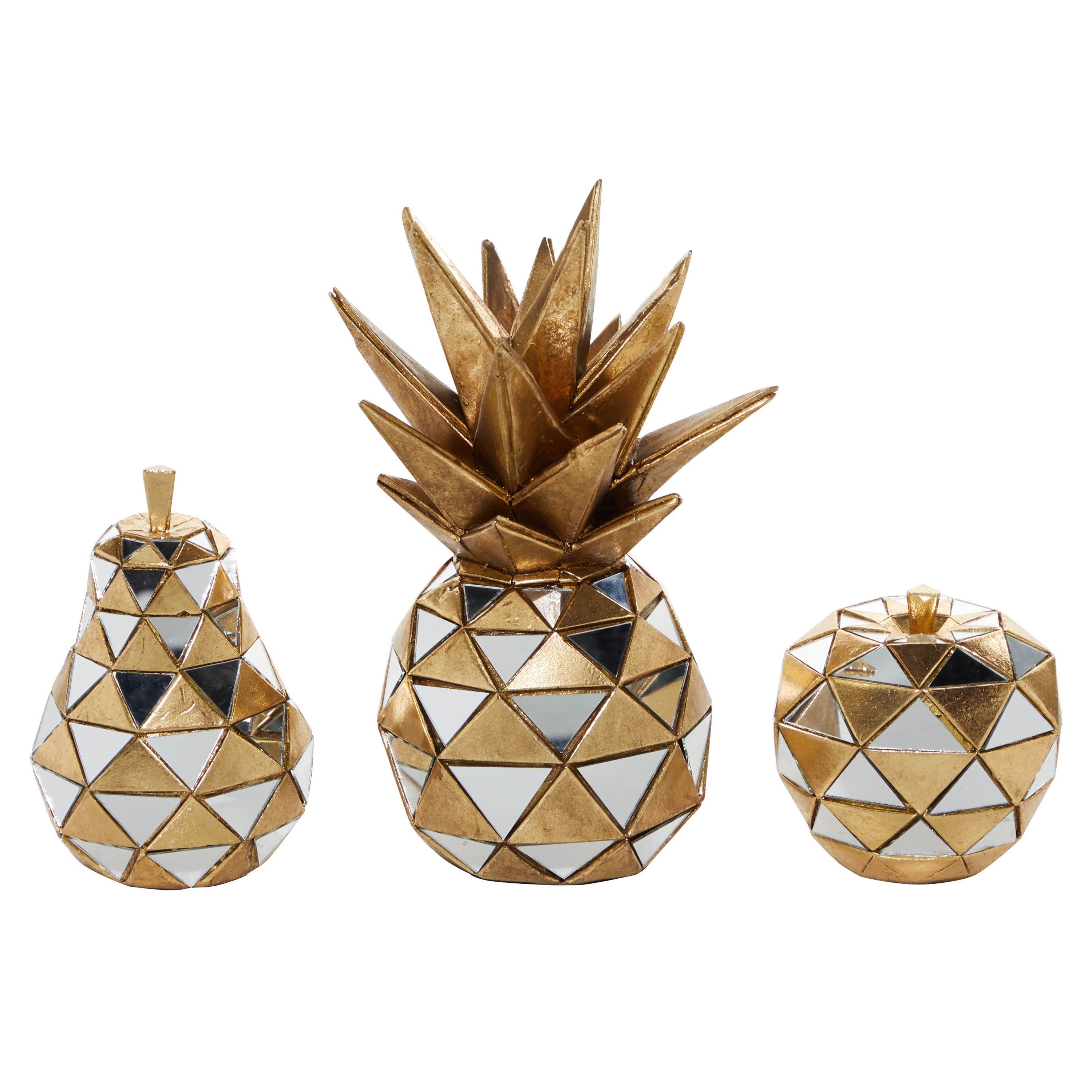 10", 6", 4"H Gold Polystone Decorative Fruit Sculpture with Mirror Accents, by DecMode (3 Count)