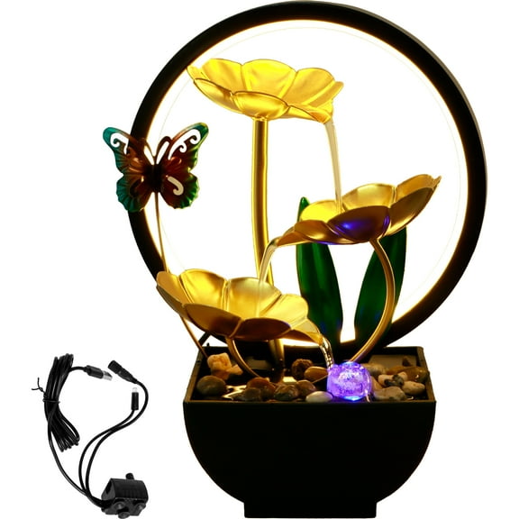 10.6 in Dragonfly Tabletop Water Fountain USB Powered Indoor Water Fountain with Natural Rocks and LED Ring Lights Desktop Waterfall Fountain Zen Indoor Tabletop Humidifier for Home Office Bedroom