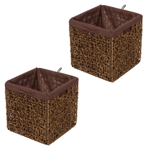 10.6" Foldable Seagrass Storage Basket with Liner and Iron Wire Frame by Trademark Innovations (Set of 2)