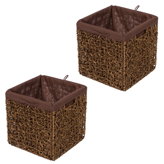 10.6" Foldable Seagrass Storage Basket with Liner and Iron Wire Frame by Trademark Innovations (Set of 2)