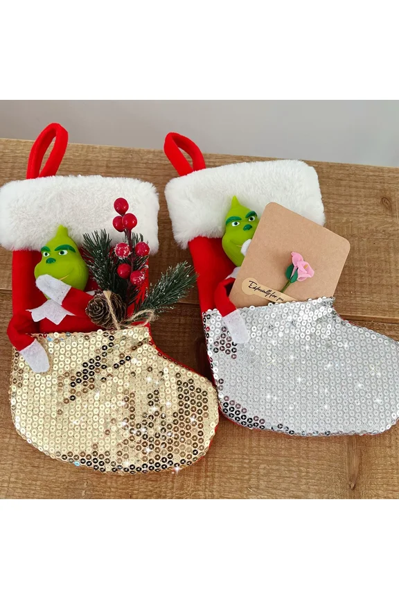 10.6" Green Elf Christmas Socks Decorations, Creative Sequins Christmas Gifts Bags, Funny Green Elf Hanging Hanging Christmas Decorations, Christmas Gifts Socks for Age 10+