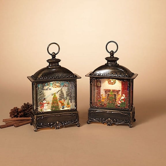 10.6"H B/O Lighted Holiday Scene Spinning Water Globe Lantern w/ Moving Tree, 2 Asst