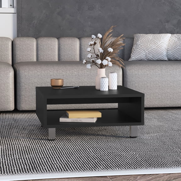 10.6" H Black Coffee Table with 1 Shelf and 4 Legs - Spacious Shelf for Storage - Fits Small Living Rooms - Organize Decor and Essentials Easily