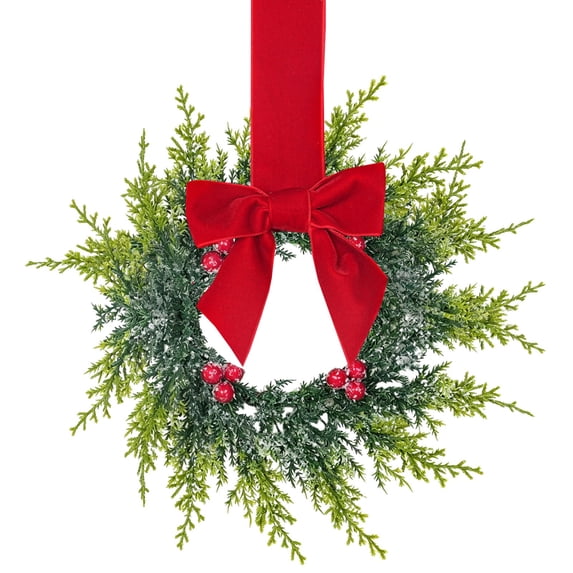 10.6 Inch Artificial Cedar Norfolk Christmas Wreath with Red Berries & Velvet Bow, Faux Pine Hanging Wreath for Front Door, Wall, Window, Mantel Indoor and Outdoor Holiday