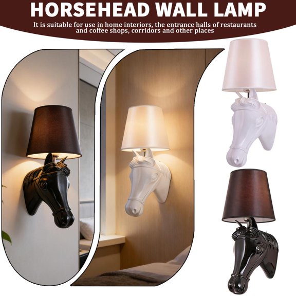 10.6 Inch Horsehead Wall Sconce Lamp with Classic Fabric Shade, Decorative Resin Wall Light, Soft Glow Lighting Fixture for Bedroom Bedside, Living Room, Hallway, Entryway for Home & Family