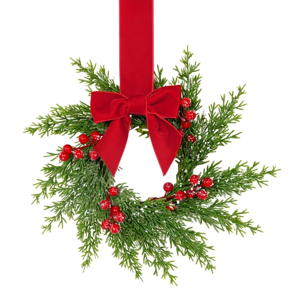 10.6-Inch Red Velve fall wreath outdoor with Ribbon Bow, Artificial Berry and Pine Needle Wreath for Kitchen Cabinet, Window, Tree, Candle Ring and Holiday Decor
