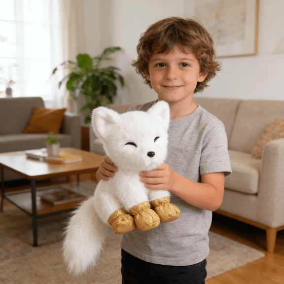 10.6 Inch Soft White Fox Plush Toy, Cuddly Fluffy Stuffed Animal With Golden Paws, Ultra-Soft Huggable Companion Perfect For Snuggling, Playtime & Bedroom Decor For Family, Kids
