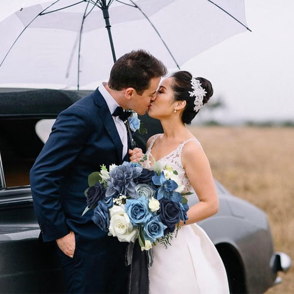 10.6 Inch Wedding Bouquets for Bride Navy Blue Bridal Bouquet for Wedding Artificial Flowers Silk Bouquet