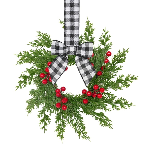 10.6-Inch small fall wreath with Black and White Buffalo Plaid Bow, Artificial Evergreen Wreath with Red Berries for Kitchen Cabinet, Front Door, Wall and Farmhouse Holiday Decor