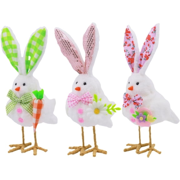 10.6" Quirky Easter Chick Figurine with Pink Sequin Bunny Ears, Whimsical Long Leg Standing Bird Statue with Daisy & Bow Tie, Spring Tabletop Centerpiece & Holiday Decor (3PCS)